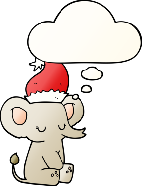 Düşünce baloncuğu olan şirin noel fili bir insan tarafından çizilmiş.