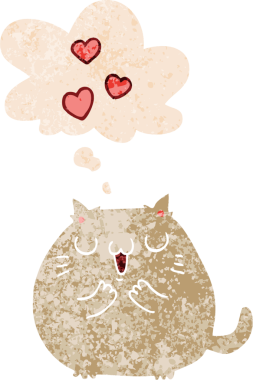 Sevimli çizgi film kedisi, bir insan tarafından çizilmiş grunge 'daki düşünce baloncuğuna aşık.