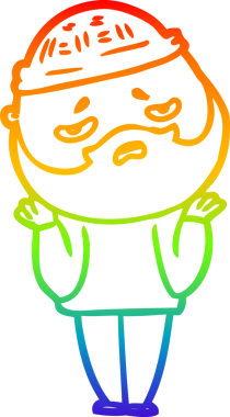 Bir insan tarafından çizilmiş sakallı, endişeli bir çizgi film çizimi.