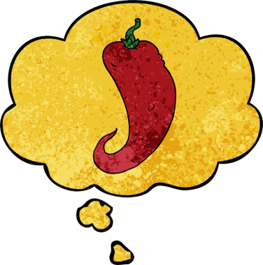 Bir insan tarafından çizilmiş grunge desenli düşünce baloncuklu kırmızı biber çizgi filmi.