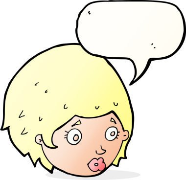 Bir insan tarafından çizilmiş konuşma baloncuğuyla ilgili endişeli ifadesi olan çizgi film kızı.