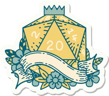 Bir insan tarafından çizilmiş 20 D20 zarının çıkartması.