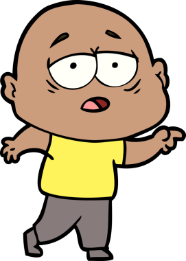 Bir insan tarafından çizilmiş yorgun, kel bir adam.