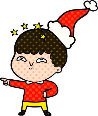 Bir insan tarafından çizilmiş Noel Baba şapkası giymiş bir çocuğun el çizimi çizgi roman tasviri.