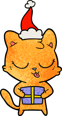 Bir insan tarafından çizilmiş Noel Baba şapkası takan kedi desenli bir el çizimi.