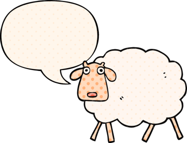 Bir insan tarafından çizilmiş, çizgi roman tarzında konuşma balonu olan bir koyun.