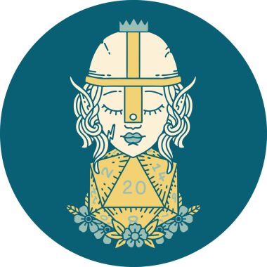 Retro Tattoo stili elf dövüşçüsü. Bir insan tarafından çizilmiş 20 zar ile.