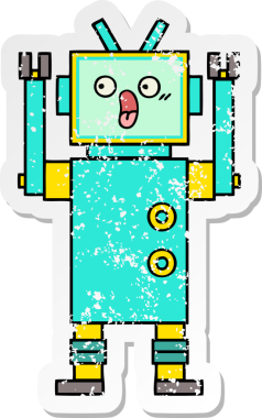 Bir insan tarafından çizilmiş sevimli bir robot çizgi film çıkartması.