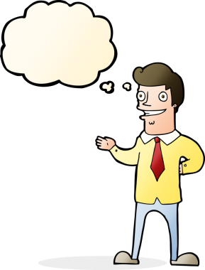 Bir insan tarafından çizilmiş düşünce baloncuğu olan çizgi film satıcısı.