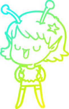 Bir insan tarafından çizilmiş mutlu bir uzaylı kız çizgi filmi.