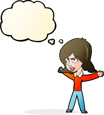 Bir insan tarafından çizilmiş düşünce balonuyla hareket eden karikatür kadın.