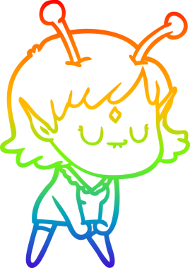 Gökkuşağı gradyan çizgi çizimi. Bir insan tarafından çizilmiş kas pozu veren uzaylı bir kız.