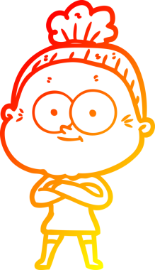 Bir insan tarafından çizilmiş mutlu, yaşlı bir kadının sıcak çizgi çizimi.