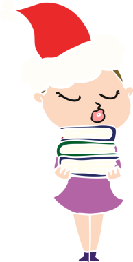 Bir insan tarafından çizilmiş Noel Baba şapkası giyen sakin bir kadının düz renkli çizimi.