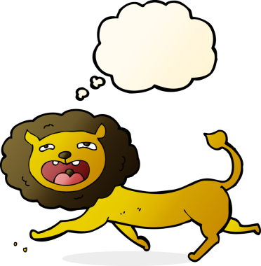 Bir insan tarafından çizilmiş düşünce baloncuklu çizgi film aslanı.
