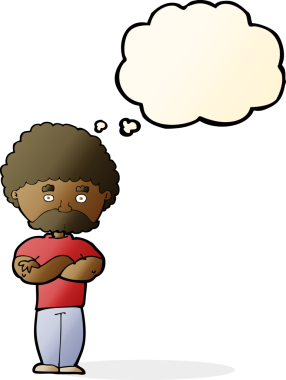 Bir insan tarafından çizilmiş düşünce balonuyla kollarını kavuşturmuş çizgi film babası.