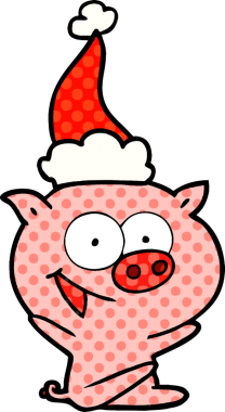 Neşeli domuz eli çizilmiş çizgi roman tarzı Noel Baba şapkası giyen bir insan.