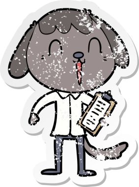 Bir insan tarafından çizilmiş ofis gömleği giyen sevimli bir köpeğin sıkıntılı çıkartması.