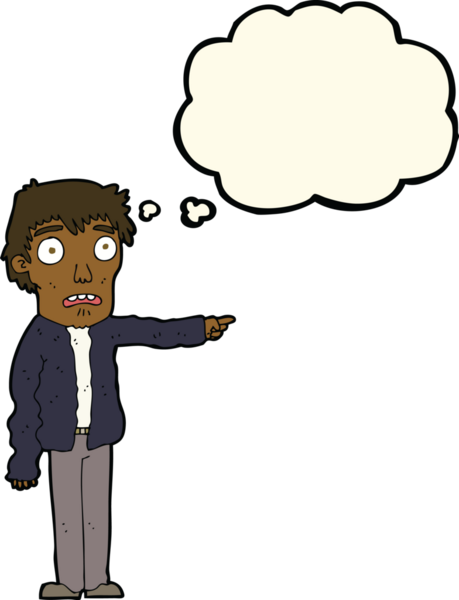 Bir insan tarafından çizilmiş düşünce baloncuğuyla işaret eden korkmuş bir çizgi film.