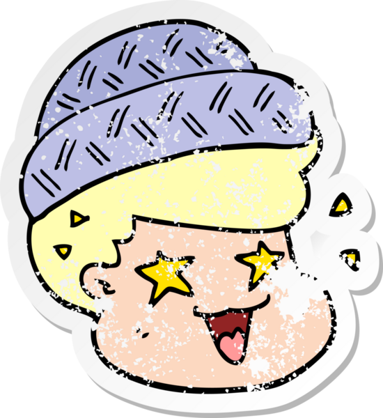 Bir insan tarafından çizilmiş şapka giyen bir çizgi film çocuğunun sıkıntılı çıkartması.