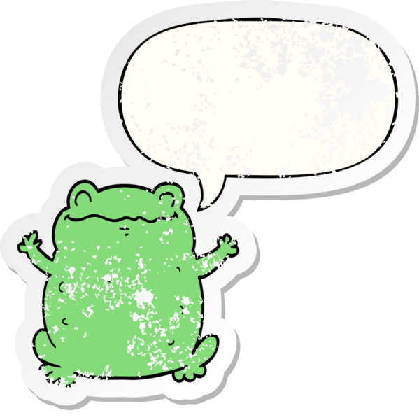 Konuşma baloncuklu çizgi film karakurbağası bir insan tarafından çizilmiş sıkıntılı eski bir çıkartma