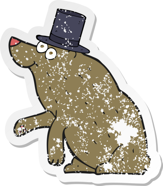 Bir insan tarafından çizilmiş silindir şapkalı çizgi film ayısının gerilimli çıkartması.