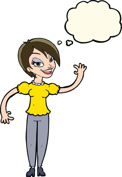 Bir insan tarafından çizilmiş düşünce baloncuğuyla el sallayan çizgi film kadını.