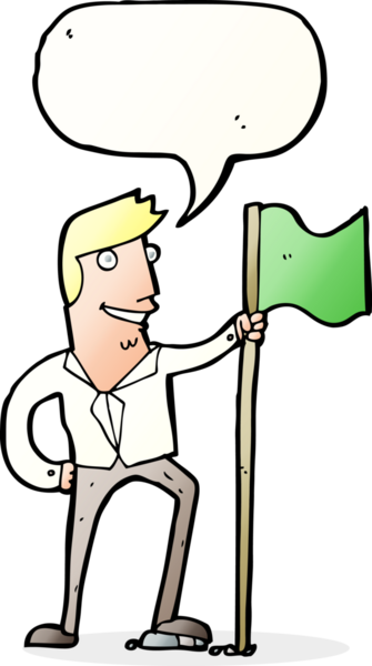 Bir insan tarafından çizilmiş konuşma baloncuğuyla bayrak diken çizgi film adamı.