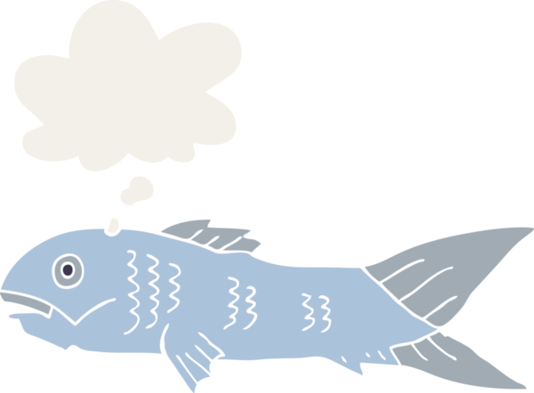 Düşünce baloncuklu çizgi film balığı insan tarafından çizilmiş.