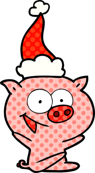Neşeli domuz eli çizilmiş çizgi roman tarzı Noel Baba şapkası giyen bir insan.