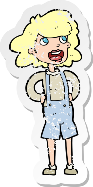 Bir insan tarafından çizilmiş kot pantolonlu bir karikatür kadın etiketi.