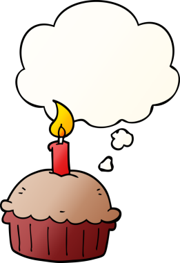 Bir insan tarafından çizilmiş, düşünce baloncuklu doğum günü pastası.