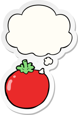 Düşünce baloncuklu çizgi film domatesi insan tarafından çizilmiş bir çıkartma.