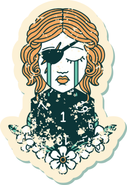 Bir insan tarafından çizilmiş doğal bir d20 rulo ile ağlayan bir insan haylaz etiketi.