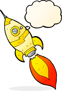 Bir insan tarafından çizilmiş düşünce baloncuklu bir uzay gemisi.