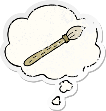 Düşünce baloncuklu karikatür fırçası insan tarafından çizilmiş yıpranmış bir çıkartma gibi.