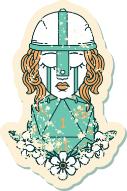 Ağlayan bir insan dövüşçüsünün grunge çıkartması. Bir insan tarafından çizilmiş doğal bir D20 ruloyla.