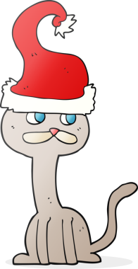 Bir insan tarafından çizilmiş Noel şapkası takan bir çizgi film kedisi.