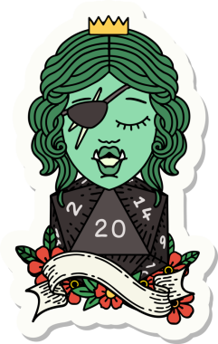 Bir insan tarafından çizilmiş 20 zarlı bir ork haydut karakterinin çıkartması.