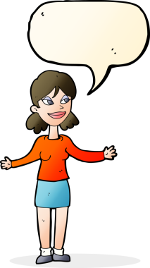 Bir insan tarafından çizilmiş konuşma baloncuğuyla omuz silken mutlu bir kadın.