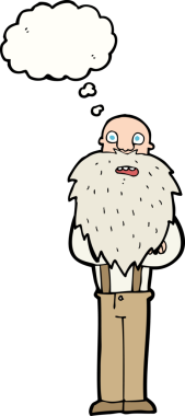 Karikatür sakallı yaşlı adam. Düşünce baloncuğu insan tarafından çizilmiş.