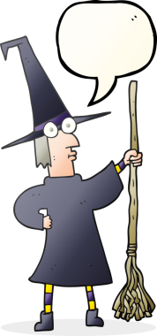 Bir insan tarafından çizilmiş süpürgeli serbest konuşma balonu çizgi film cadısı.