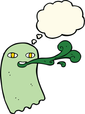 Bir insan tarafından çizilmiş düşünce baloncuklu komik çizgi film hayaleti.