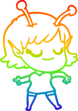 Bir insan tarafından çizilmiş gülümseyen uzaylı kız çizgi filmi.