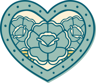 Geleneksel kalp stili dövme çıkartması ve bir insan tarafından çizilmiş çiçekler.