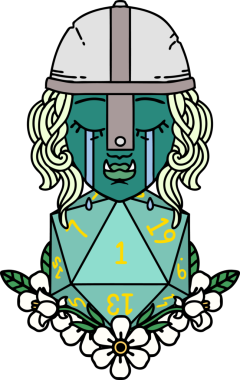 Retro Dövme Tarzı Ağlayan Ork Savaşçısı Karakteri Bir insan tarafından çizilmiş doğal bir D20 rulosu