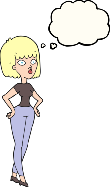 Bir insan tarafından çizilmiş kalçaları olan serbest çizimli düşünce balonu karikatürü kadın.