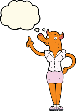 Bir insan tarafından çizilmiş düşünce balonlu tilki kadın.