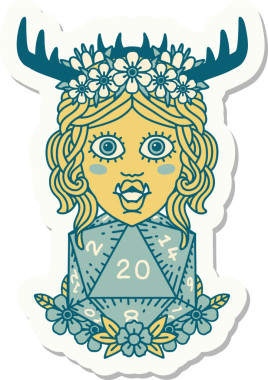 Bir insan tarafından çizilmiş 20 zarlı yarı ork Druid çıkartması.