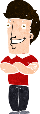 Bir insan tarafından çizilmiş, katlanmış kolları olan çizgi film adamı.